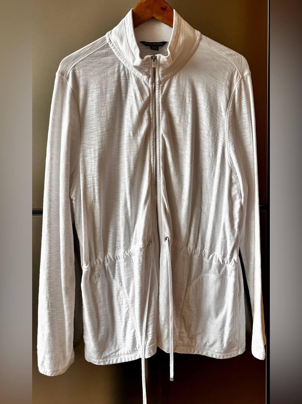 Tommy Bahama L White 100% Cotton Zip Jacket Drawstring Coastal